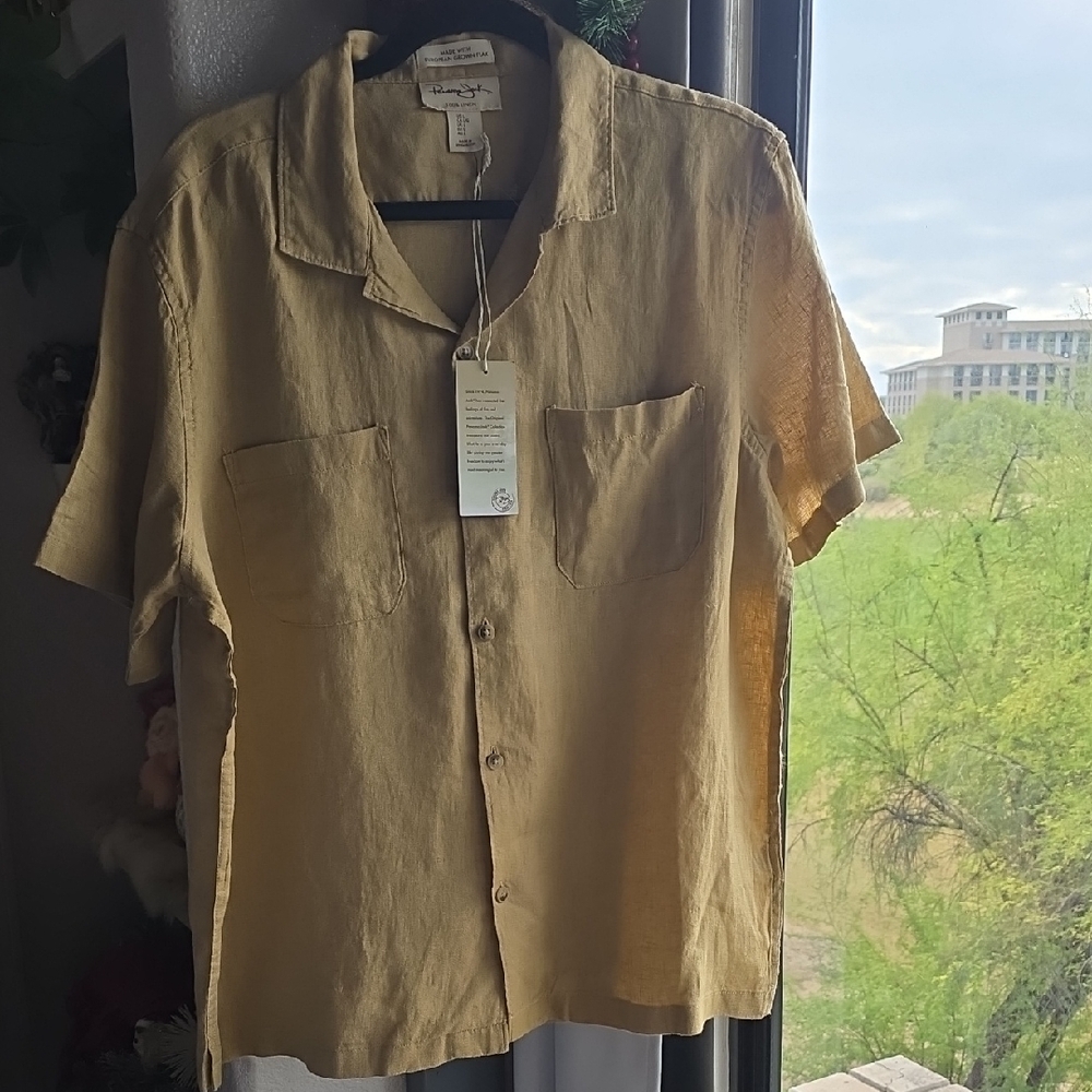 Panama Jack Light Brown Linen Button-Down Shirt Relaxed Large